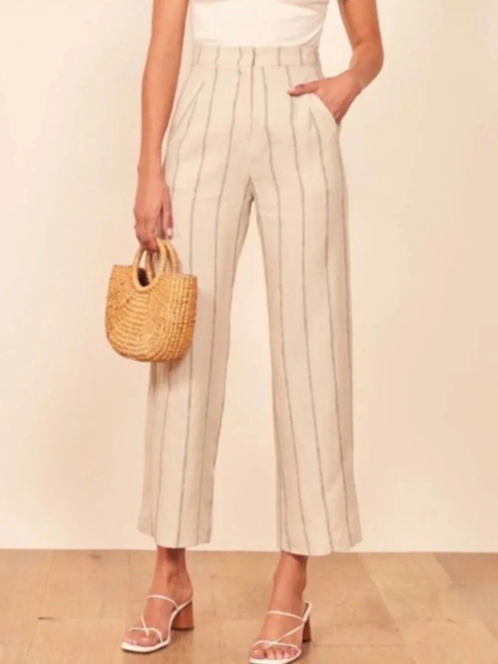 Reformation Linen Pants striped jaylene straight leg womens Ivory size 0 preppy
